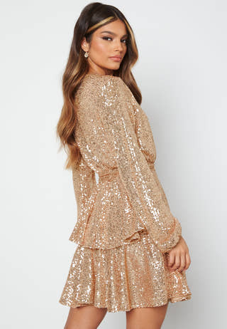 Sequin Deep V Ruffle Skater Dress