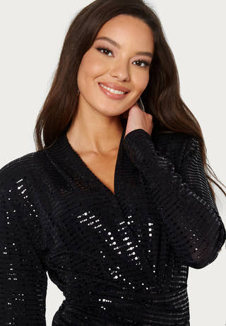 Sequin Long Sleeve Rouch Mini Dress